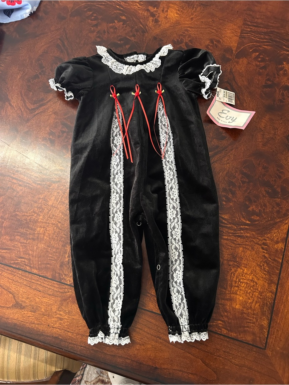 VTG Evy USA Baby Girls 18M Black Velour Lace Christmas Romper NWT Holiday